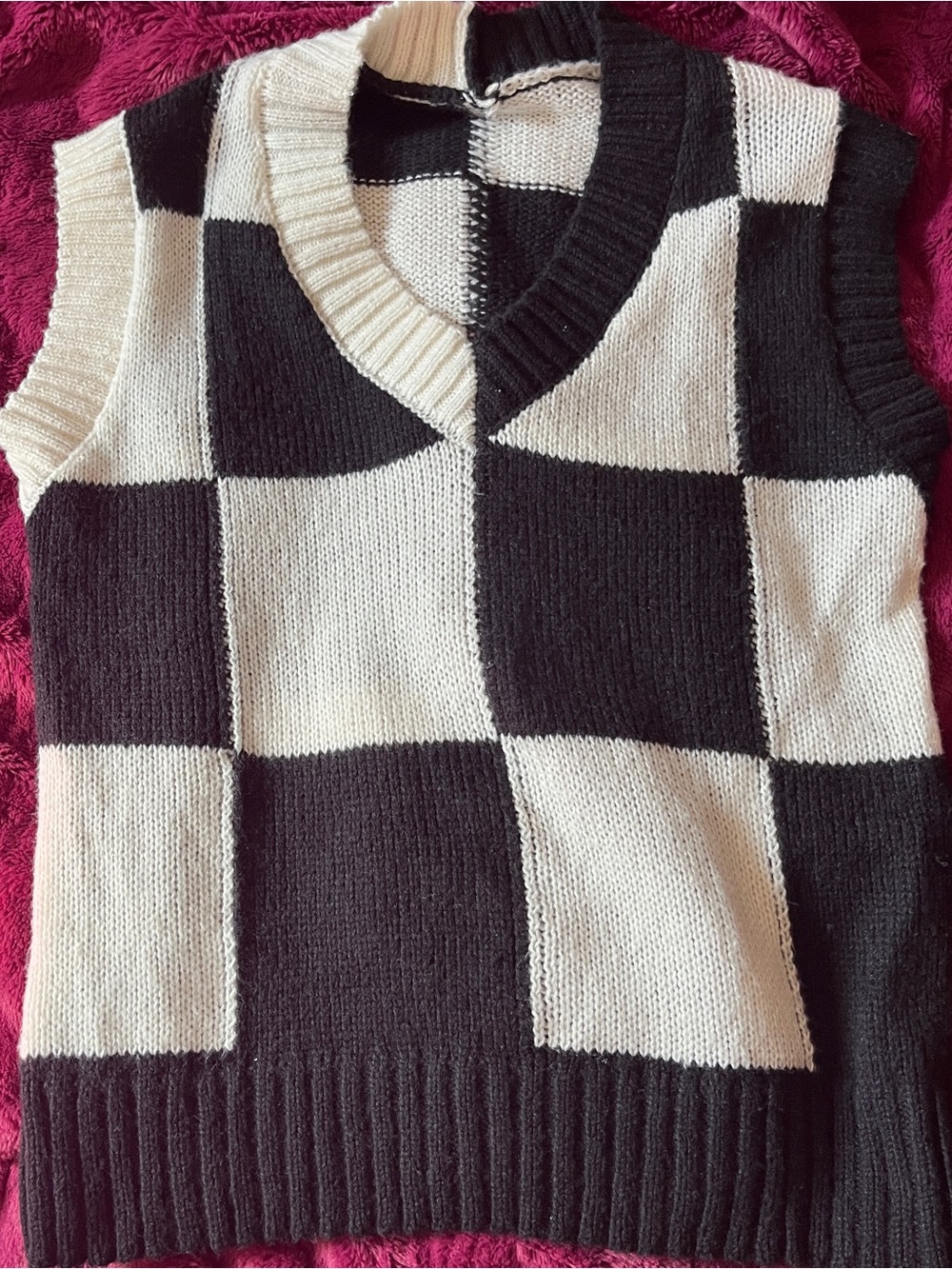 Wednesday Addams-Inspired Black & White Checkered Knit Sweater Vest